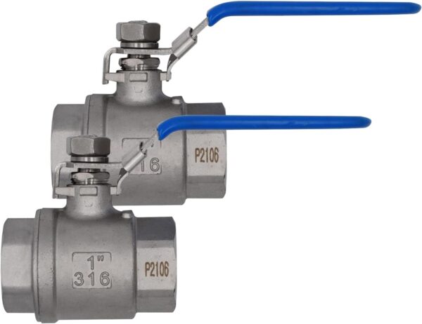 1" 2P Ball Valve, 316 Stainless Steel, NPT Female, 1000 WOG, Lockable Lever, Blue Handle, 2-Pack